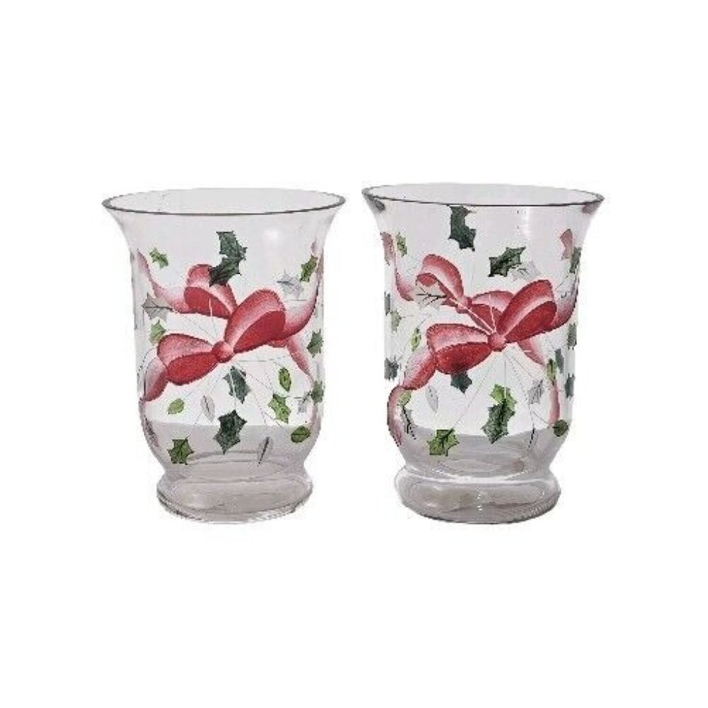 2 Holiday Ribbons Hurricane Candle Holders 6" Fifth Avenue handpainted crystal